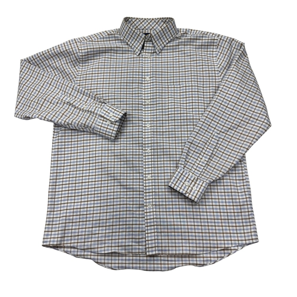 Stafford Travel Mens 16.5 34/35 Blue Brown Plaid Wrinkle Free Oxford Shirt L